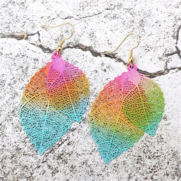 Festival Boho Rainbow Leaf Dangle Earrings - Picture 3 of 5